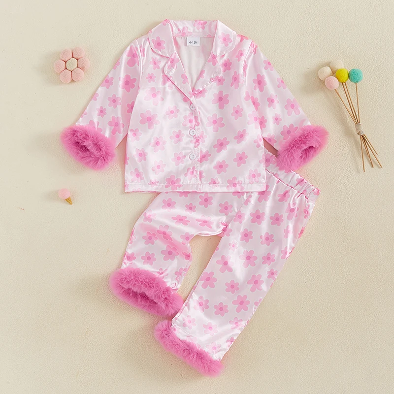 Conjunto de pijamas de 2 peças para bebês meninas, dia dos namorados, estampa floral, pelúcia, manga comprida, tops com calças, cetim, outono, roupa de dormir para crianças pequenas