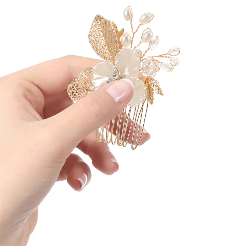 

2pcs Decorative Hair Combs Golden Leaf Floral Imitation Pearls Wedding Bridal Clips Accessories Elegant Bridesmaid