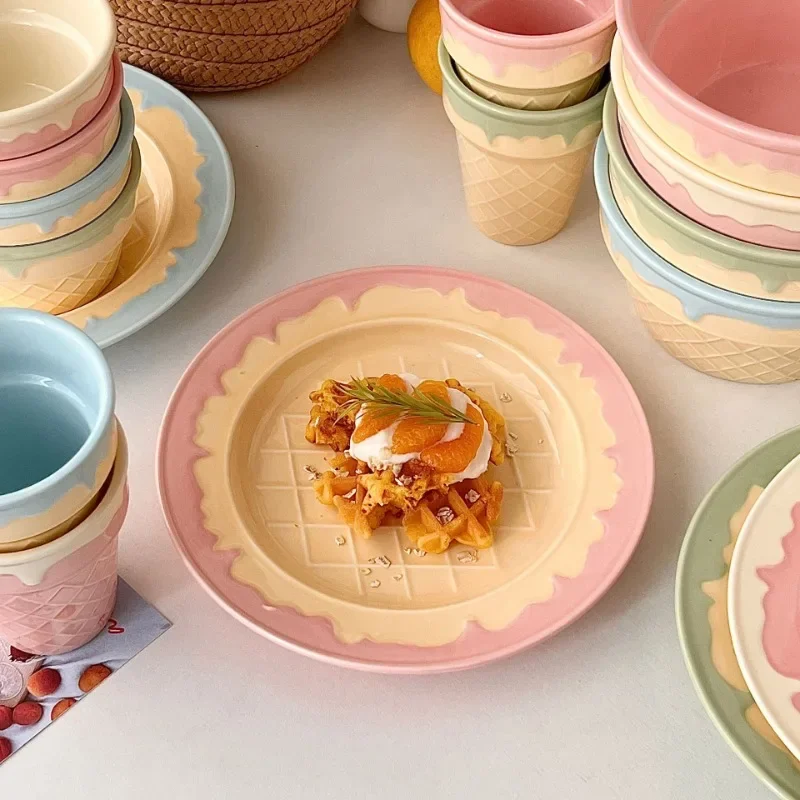 Ahunderjiaz-Creative French Ceramic Cake Dessert Tray, Cute Ice Cream Cafe Tableware Set, Home Kitchen Plates
