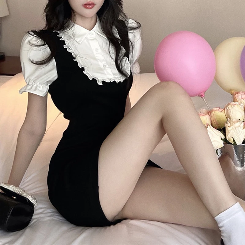 Women Sexy Ruffle Patchwork Sweet Chic Kpop Bodycon Mini Dress Summer Fashion Harajuku Y2K Short Sleeve High Waist Club Dresses