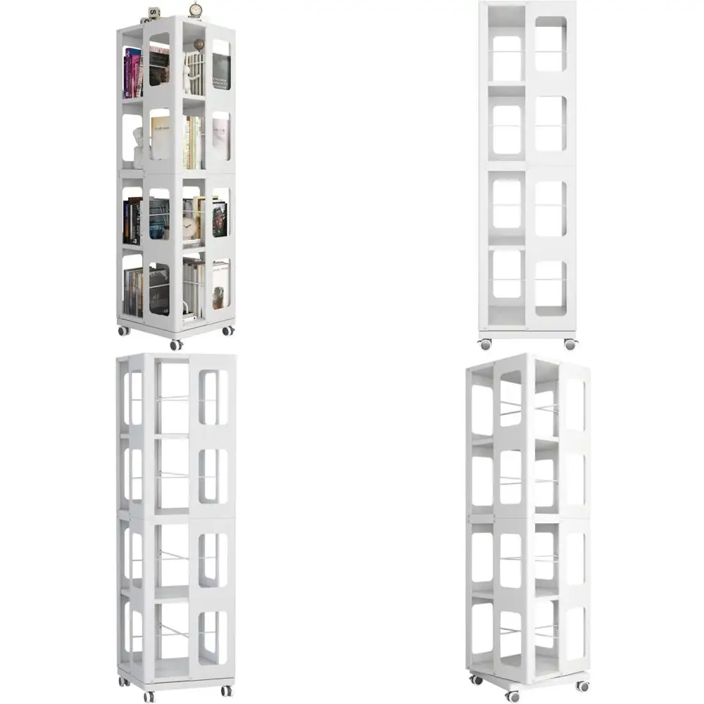 Large Spacious All-Steel Rotating Bookshelf with 360° Wheels, Sturdy 4-Tier Black Book Rack, Ideal for Home and Office Use