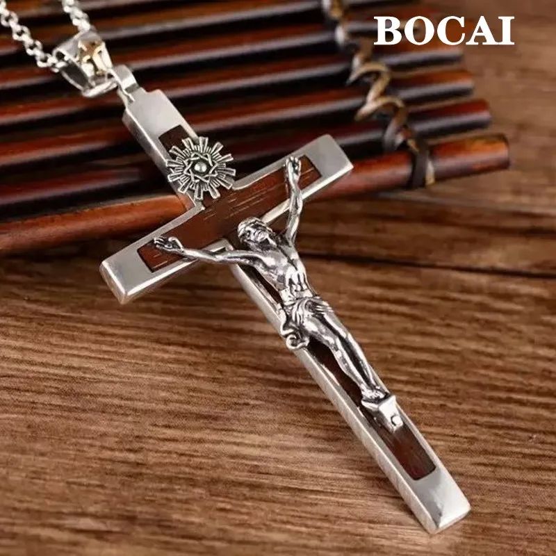 BOCAI 100% S925 Silver Jewelry Accessories Retro Sandalwood Cross Jesus Pendant for Men Personalized and Trendy Birthday Gift