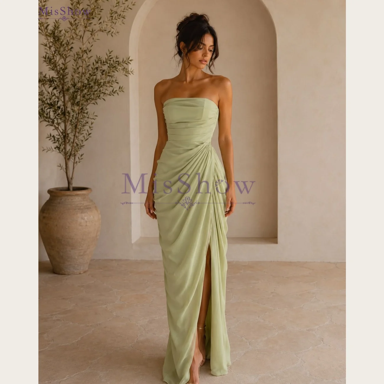MisShow Women's Formal Evening Gowns Simple Strapless Pleated Chiffon Lace-up Back High Slit Prom Dress Customized Party Vestido