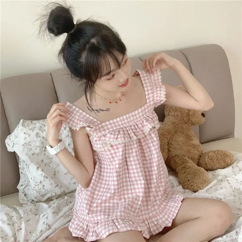 Pajama Sets Women Plaid Sweet Loose Home Sleeveless Casual Summer Thin Chic Ruffles Japanese Style Vintage Students Sleepwear