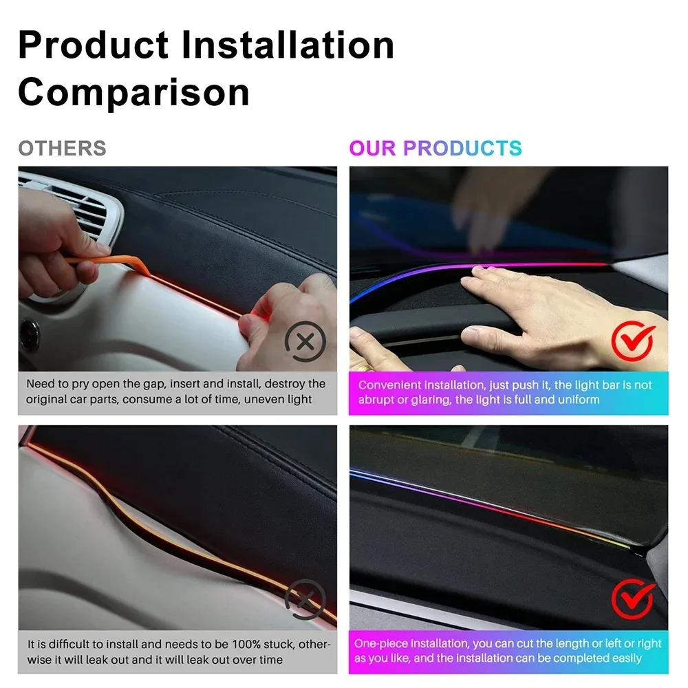 59in/150cm LED Car Ambient Light Front Windshield Dashboard 64RGB Symphony Interior Acrylic Auto Atmosphere Lamp App/USB Control