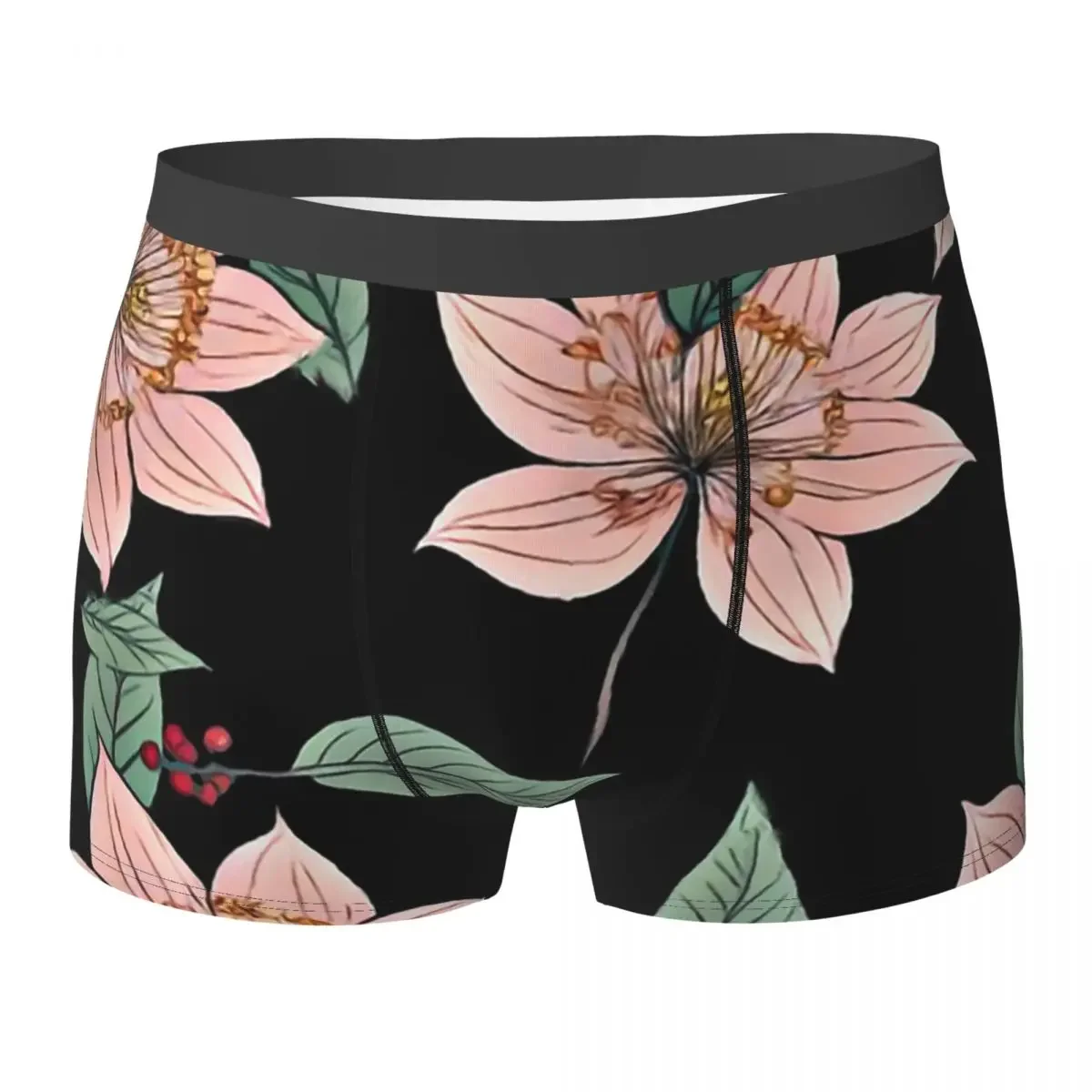 Boxer Underpants Shorts Big Cherry Blossoms On Black Panties Men's Soft Underwear for Homme Man Boyfriend Gifts