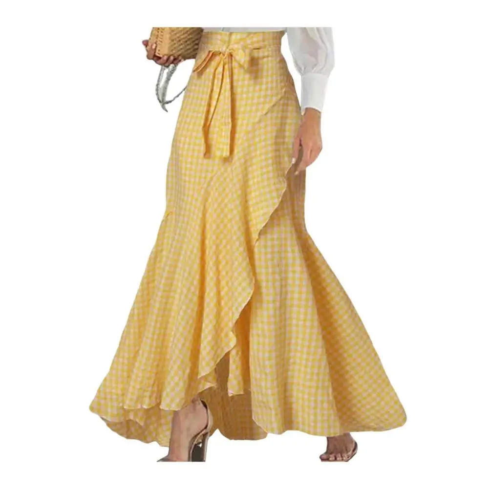 

Women Skirt High Waist Lace-up Ruffle Trim Long Skirt Plaid Print Bow Tie Irregular Hem юбка длинная