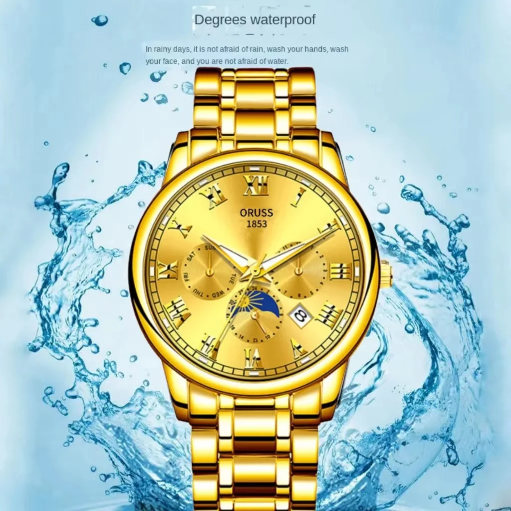 ORUSS оригинальные мужские часы из нержавеющей стали с двойным календарем, водонепроницаемые светящиеся роскошные золотые часы, модные кварцевые мужские наручные часы, новые