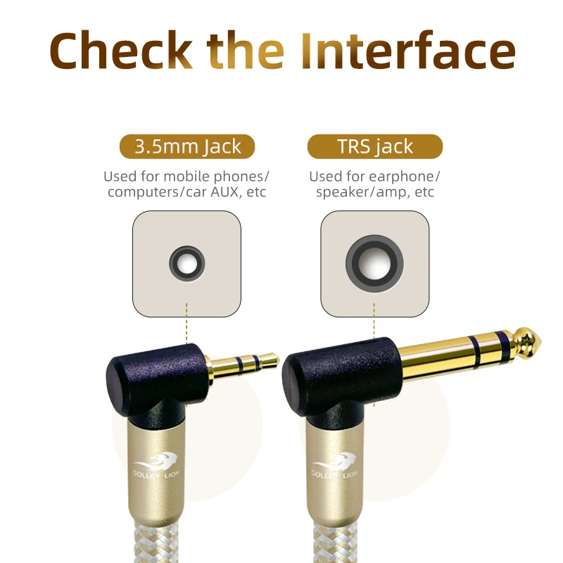 GOLLEY LION 3.5 ملم إلى كابل صوت TRS 90 °   كابل ستيريو مجدول من النايلون بزاوية قائمة لمكبرات الصوت/مكبرات الصوت