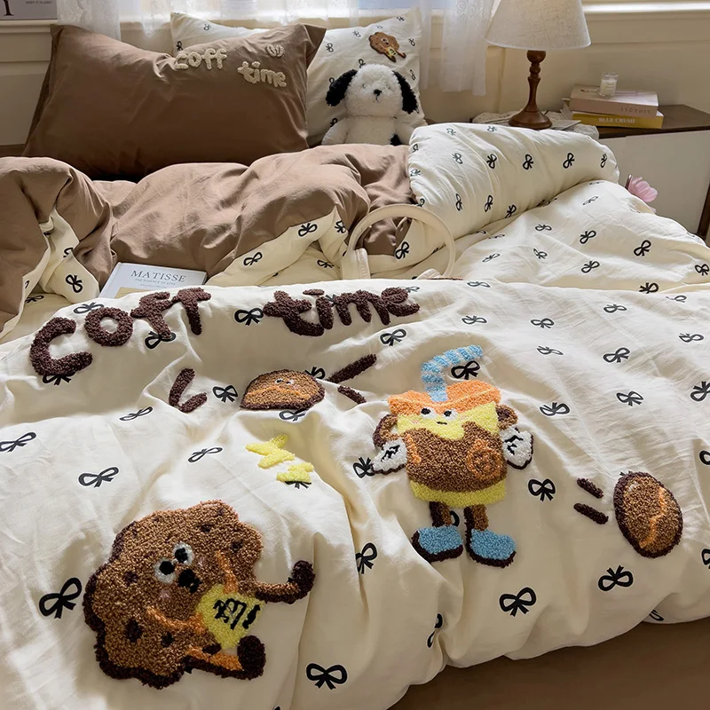 Cartoon animal embroidery Bedding Set For adults kids Cute Flat Fitted Sheet With Pillowcases washed cotton Colorful Full size