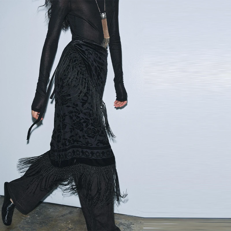 

Женская бархатная длинная юбка с кисточками, винтажные длинные юбки с цветочным принтом, элегантная пригородная одежда, новинка 2023 года, женская уличная одежда