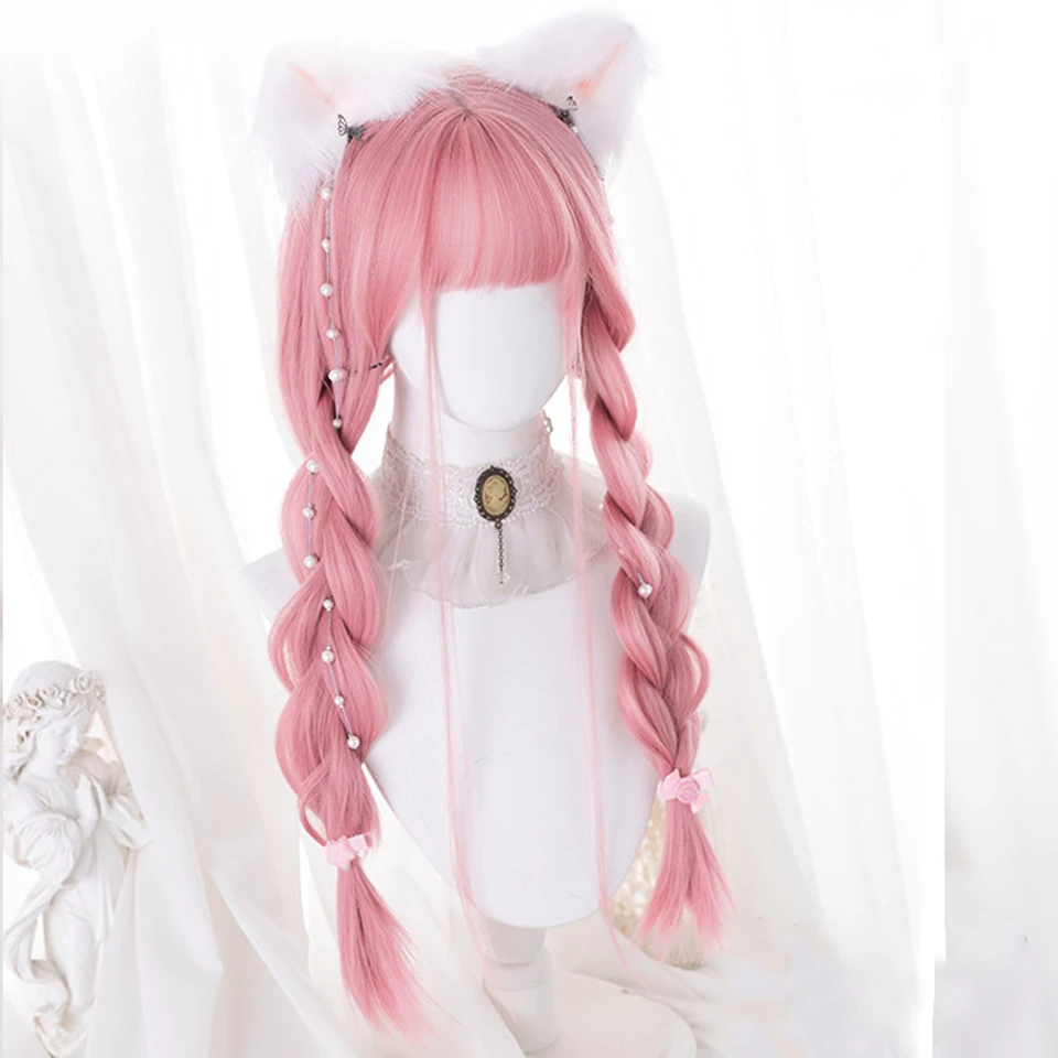 HUAYA Synthetic Long Straight Pink Wig Female Cosplay Wig With Bangs Heat-Resistant Fiber Daily Party False Hair