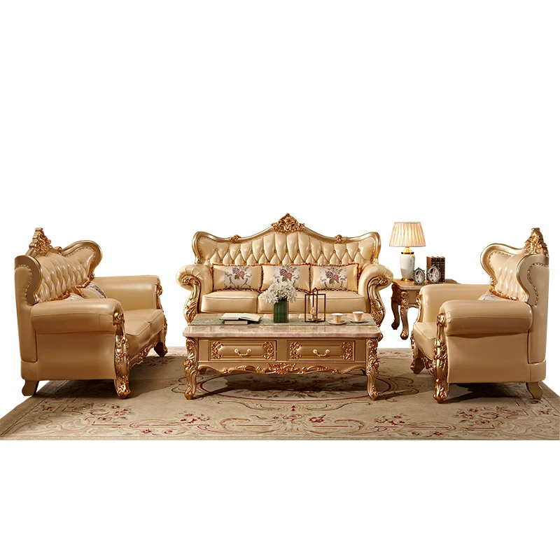 

European leather sofa 123 combination living room solid wood carving flower luxury villa first layer cowhide noble gold sofa