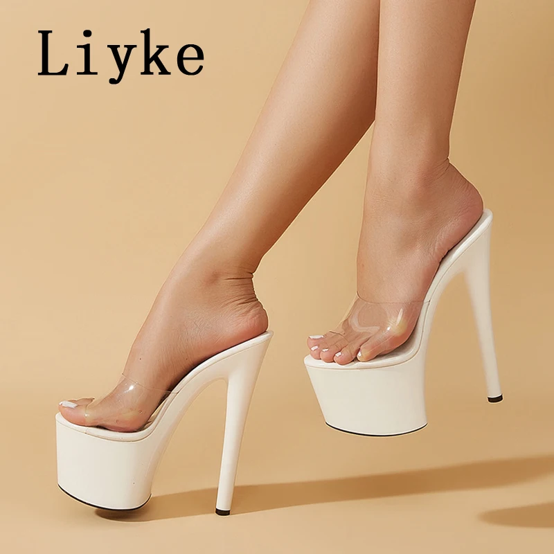 Liyke Sexy Peep Toe Party Stripper Pole Dance Shoes Extreme High Heels Transparent Slippers Women Platform Sandals Zapatos Mujer