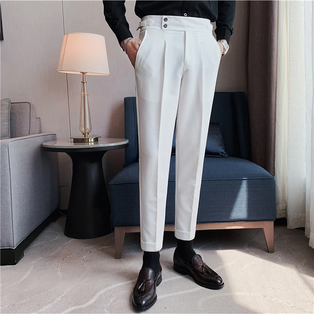 Navy Blue Male Pants Summer Fashion Solid Color High Waisted Trousers Men Wedding Business Casual Slim Fit Wool Social Pants