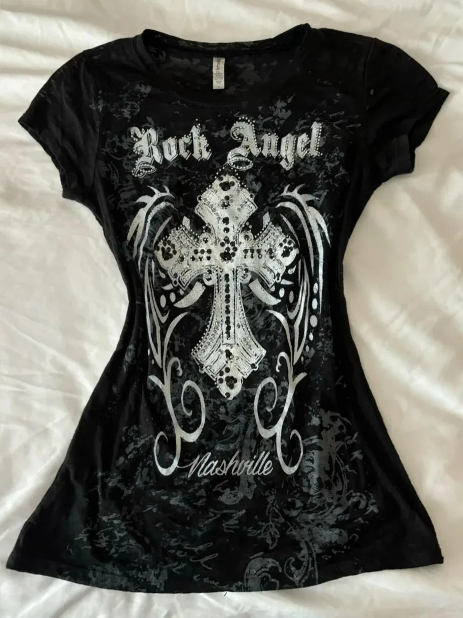 T-shirty damskie y2k ubrania Slim Goth Streetwear z nadrukiem Punk krzyż O-Neck Harajuku Vintage 2000s Grunge koszulki z krótkim rękawem Tees