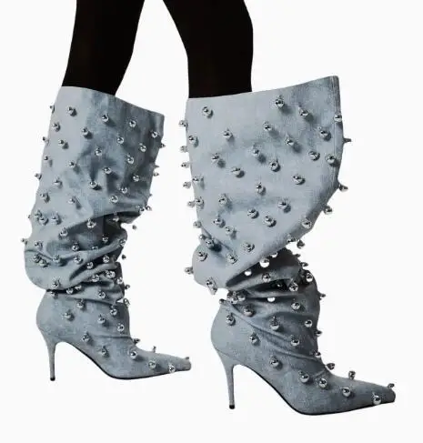 

Light Blue Denim Metal Studded Pointed Toe Big Calf Loose Pleated Knee High Boots Women Black Leather Slip On Thin Heels Boots