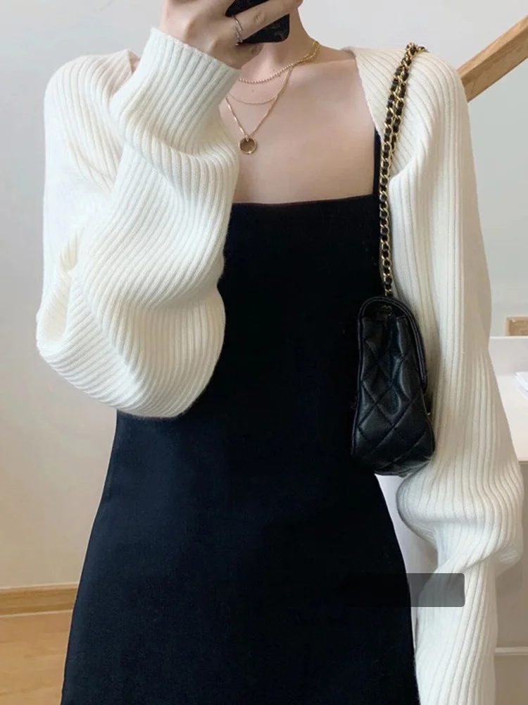 

White Knitted Open Cardigan Thin Women's Autumn oulder awl Small Cannon Belt Outerwear ort Top Casual Sle Loose Fit