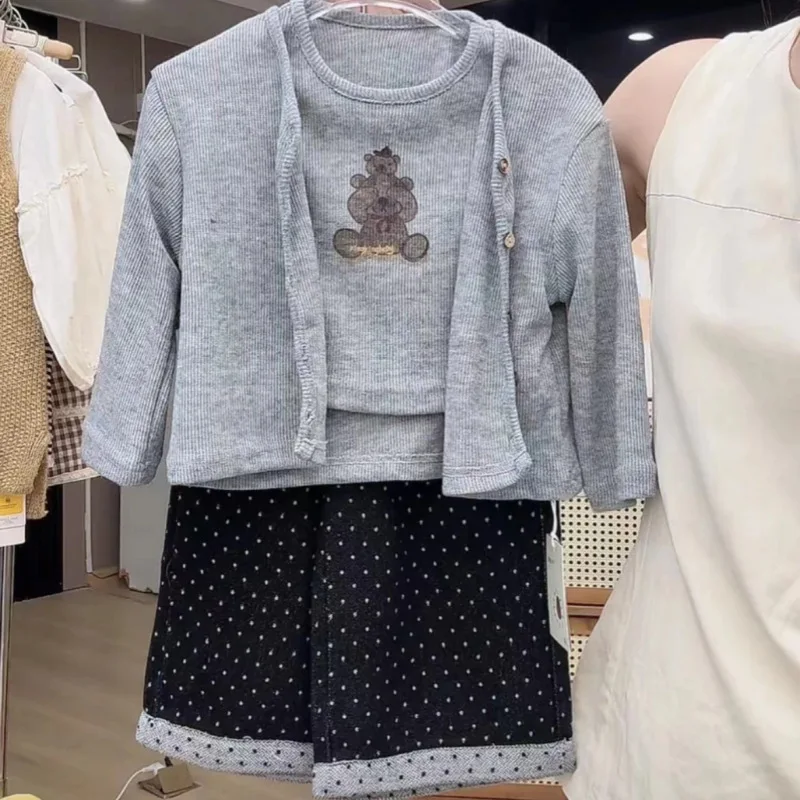 

Girls Fall Suit2024New Baby Girl Casual Cardigan Autumn Fashionable Child Bear Three-Piece Suit