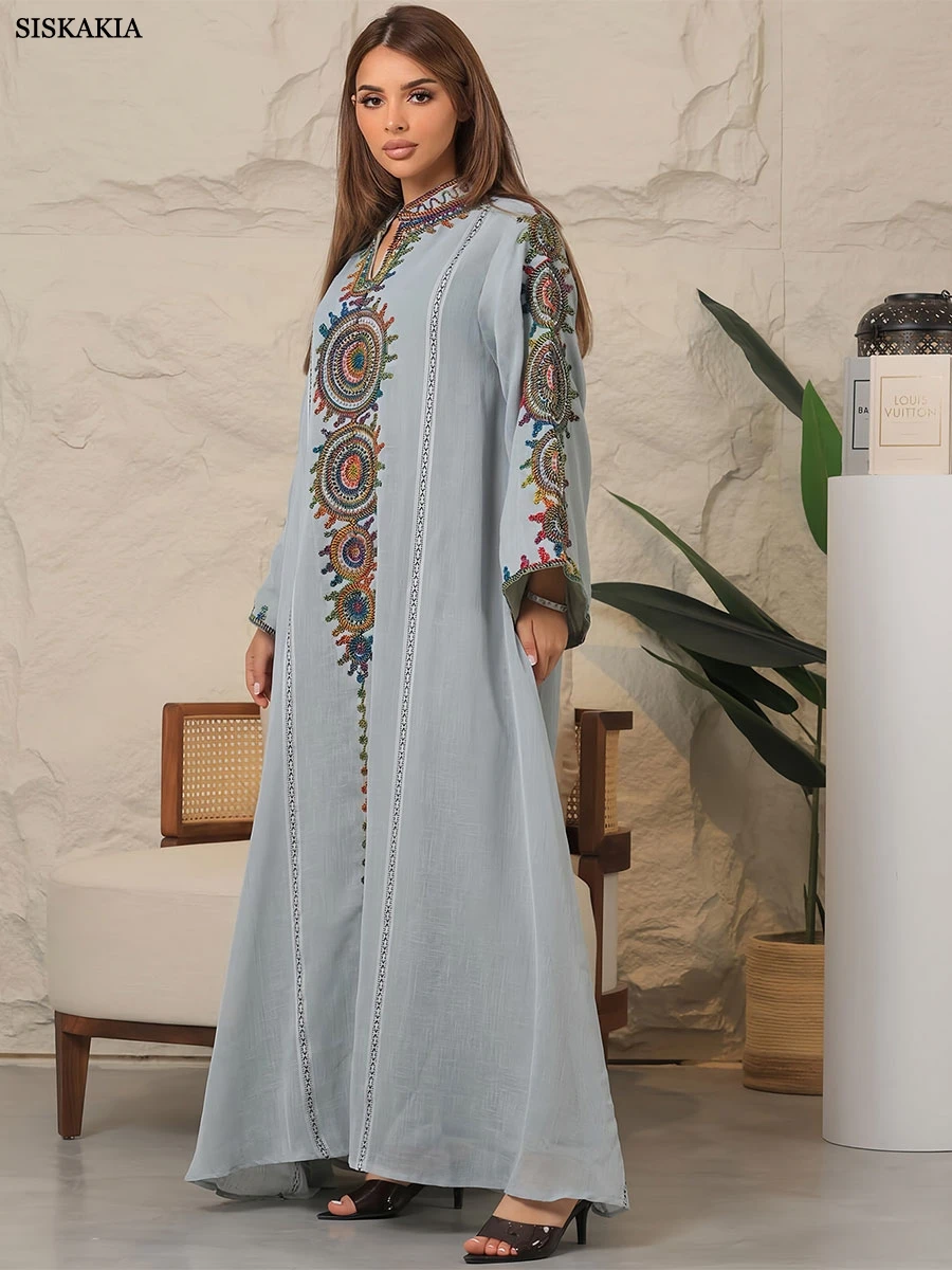 Siskakia Embroidery Dubai Abaya For Muslim Woman Notched Stand Collar Elegant Casual Loose Moroccan Saudi Kaftan Fashion Kebaya