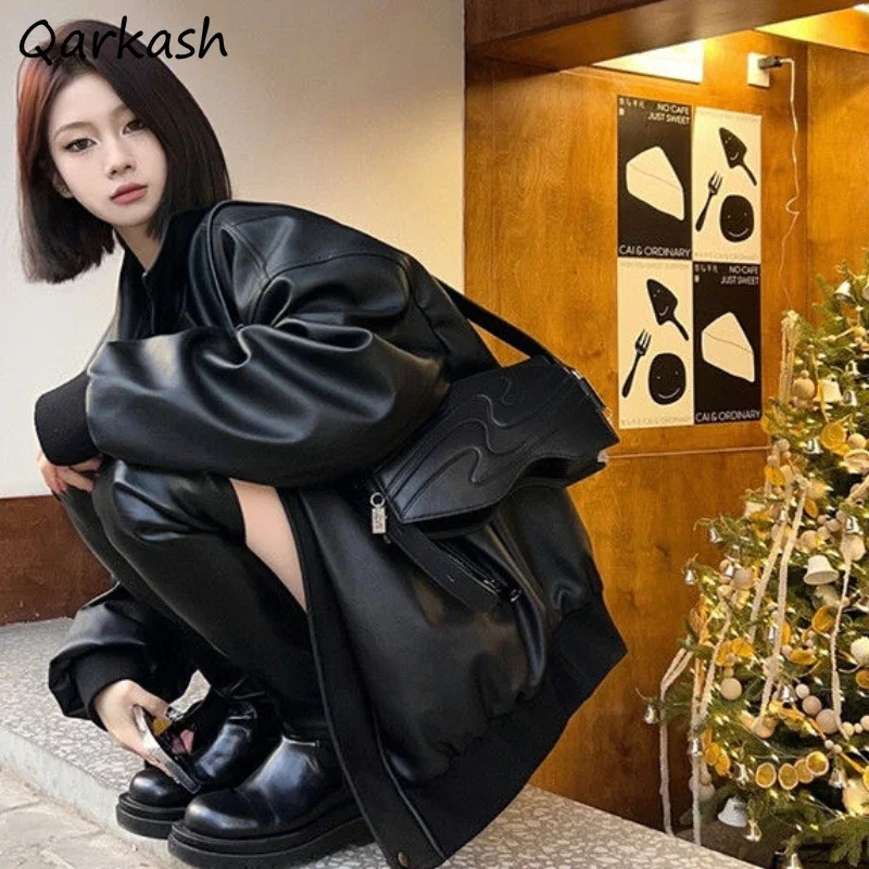 

Black Faux Leather Jackets Women Moto Biker Cool Streetwear Loose PU Coats Vintage American Style Youths Autumn Chic Outerwear