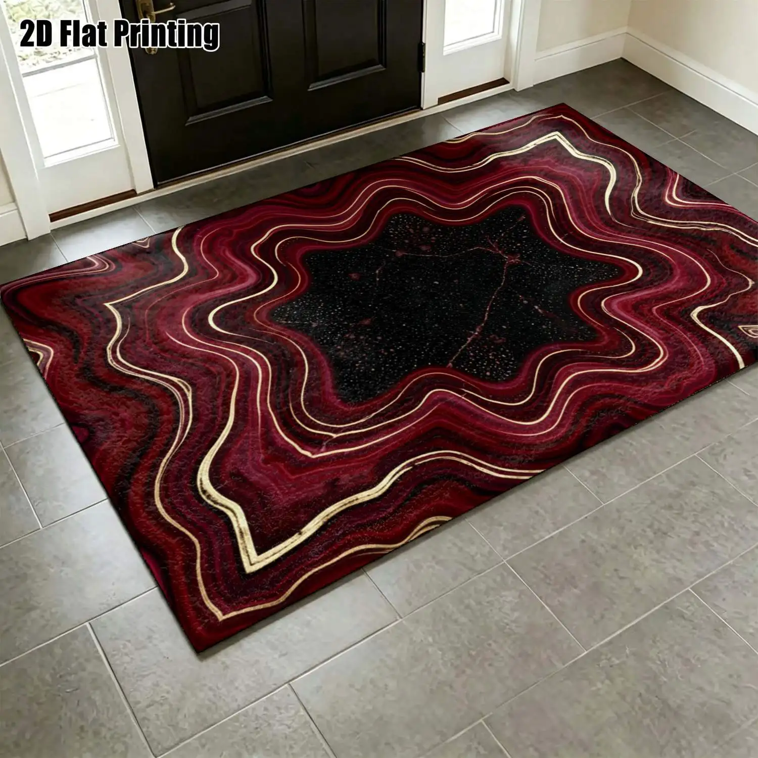 1Pc 2D Printed Carpet: Burgundy Gold Trim, Abstract Fluid & Geometric Stripes, Modern Simple, for Instagram Decor, Multi-Size Machine Washable, Multi-Scene Use