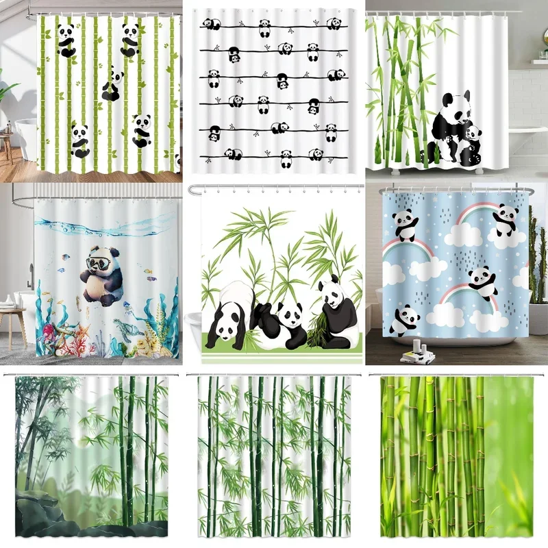 Panda Bamboo Shower Curtain, Cartoon Funny Cute Blue Sky Rainbow Kids Bamboo Forest Animals Birds, Bathroom Decorative Fabrics