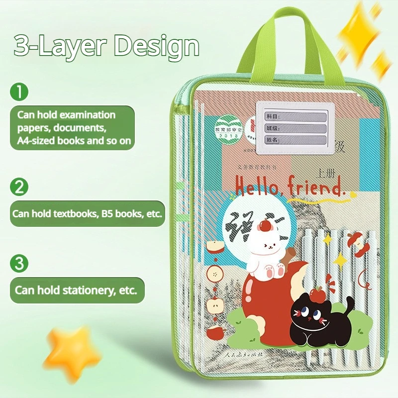 Kids Mesh Tote File Bag Cartoon Handheld Document Folder with Label Slot Large Capacity Book Organizer for School Tutoring Class