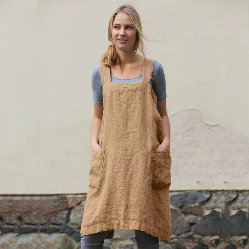 新しいシンプルな和風綿とリネンエプロン女性のホーム快適なファッションオーバーオールフラワーショップレトロ絶妙なレースフリー