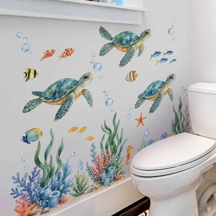 Gemalte Schildkröten-Algen-Wandaufkleber, Badezimmer-Glastür-Dekor, Aufkleber für Zimmertöpfe, Toilettenhintergrund, Heimdekoration, selbstklebende Wandmalerei – Detail 6