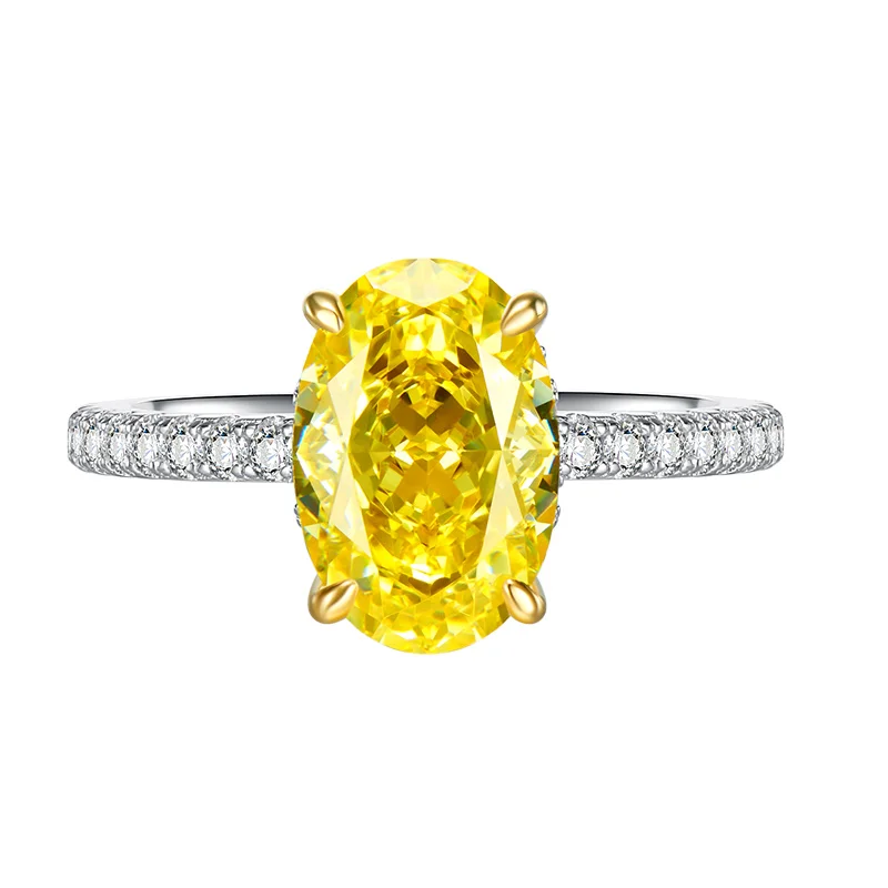 New 5-carat yellow ring with high carbon diamond and ice cut S925 pure silver plated with 18K gold egg shaped wedding jewelry
