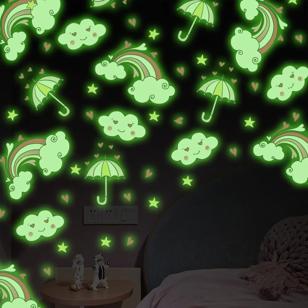 

Luminous Cute Rainbow Clouds and Umbrella Cartoon Children's Bedroom Luminous Decorative Wall Sticker Fluorescent Wallpaper