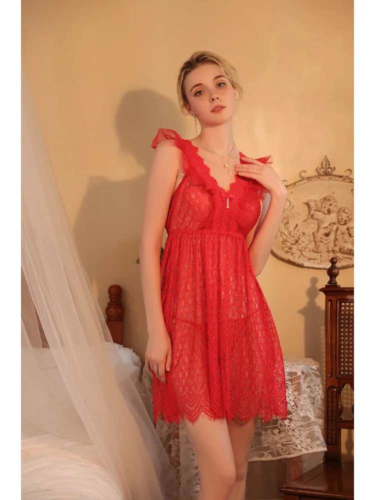 

Романтическое красное кружевное нижнее белье Babydoll Платье с бантами