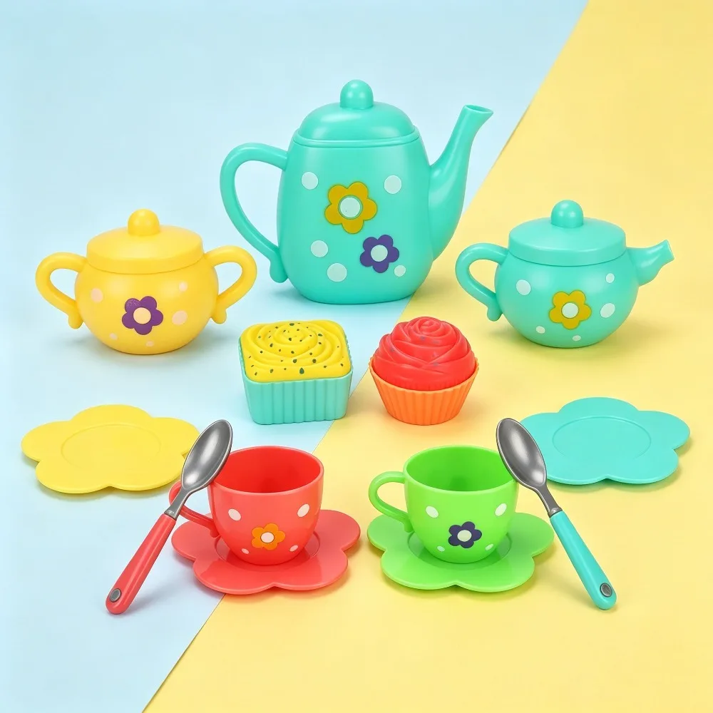 13Pcs Kids Toy Tea, Pretend Play Kitchen Toy with Colorful Plastic Teapots, Cups, Spoons, Flower Plates & Cupcakes