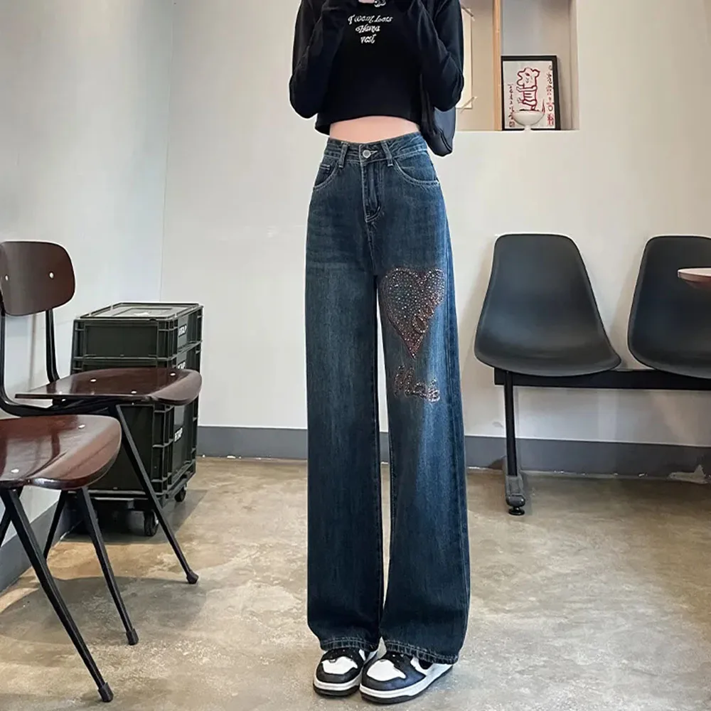 Jean Denim Brodé pour Femme, Baggy Droit, Pantalon Long à Jambes Larges, Mode Streetwear, Nouvelle Collection