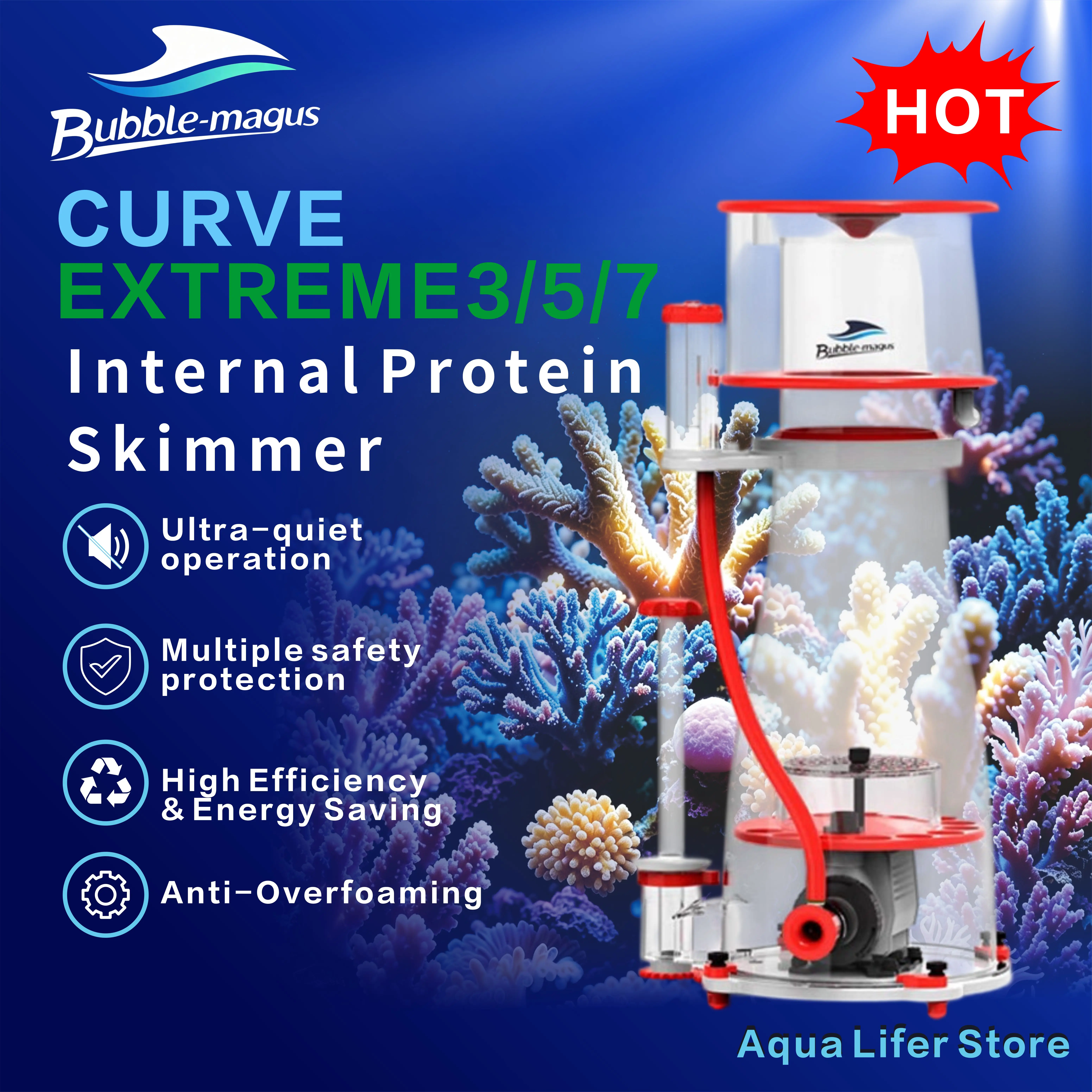 Bubble Magus Curve EXTREME 3 5 7 Conical Protein Skimmer Internal Sump Protein Separator Quiet Needle Wheel Pump for Marine Reef