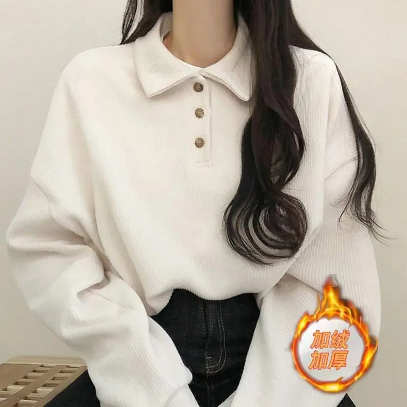 Velvet Thickened Warm Sweatshirt Women New Button POLO Collar Long-sleeved T-shirt College Style Loose Top Ins Trendy
