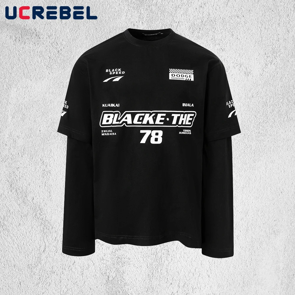 

Футболка с длинным рукавом и принтом гоночных букв, мужская уличная осенняя свободная футболка с длинным рукавом и круглым вырезом, искусственная футболка из двух частей, мужская футболка