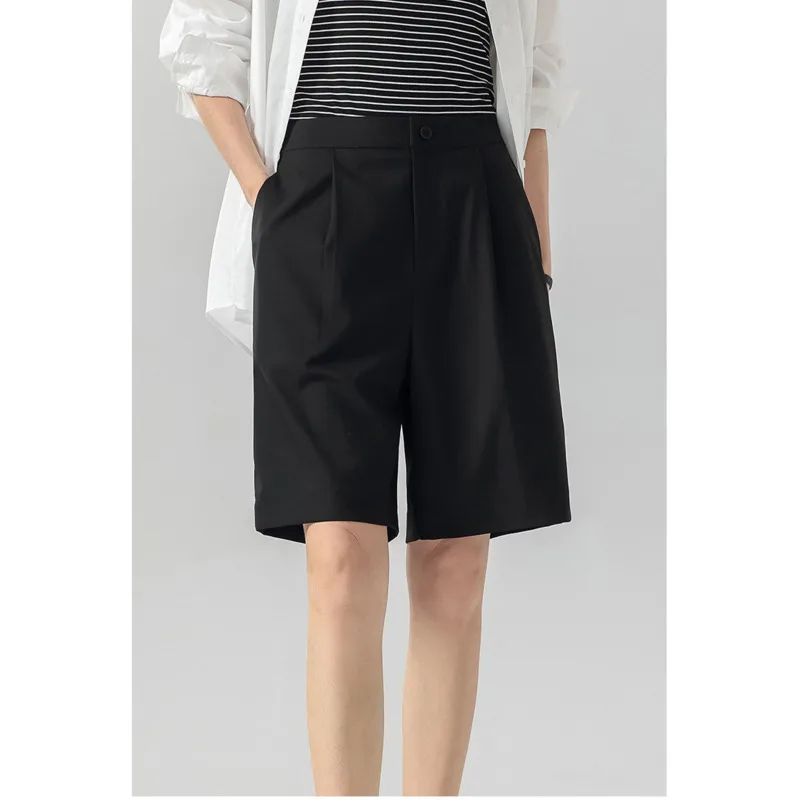 Pantalones cortos de traje de cinco puntos para mujer, pantalones cortos informales rectos sueltos de cintura alta elásticos de verano