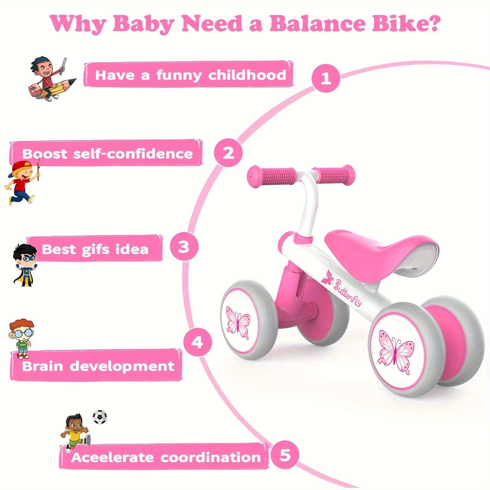 Baby Toddler Balance Bike For 1-3 Year Old Girl Boy No Pedal with 4 Wheels,Basket First Birthday Gift Christmas Halloween Gift