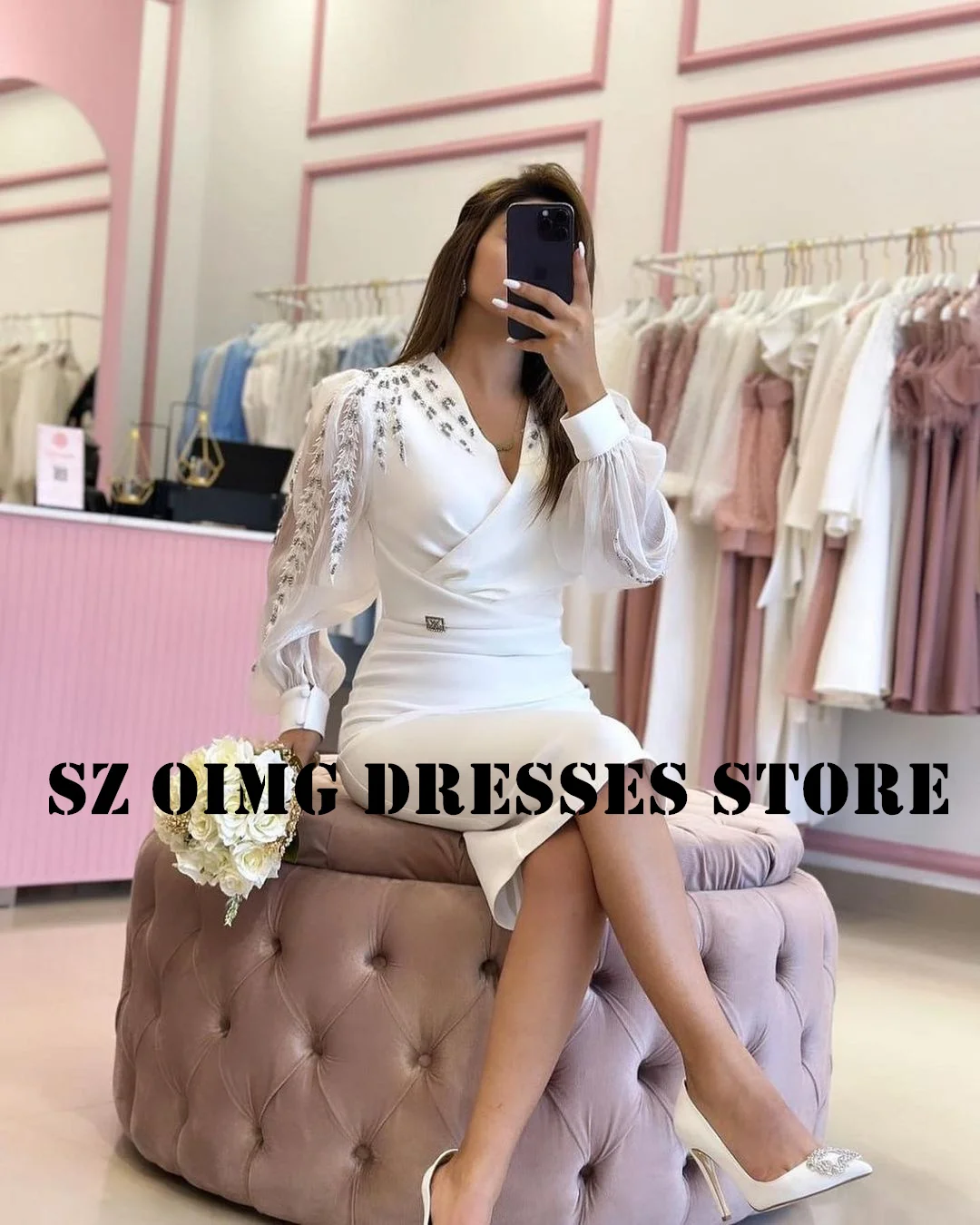 OIMG New Design Satin Beads Prom Dresses Arabic Women Tea Length Sheath Puff Sleeves White  Gowns Formal Party Dress Customized