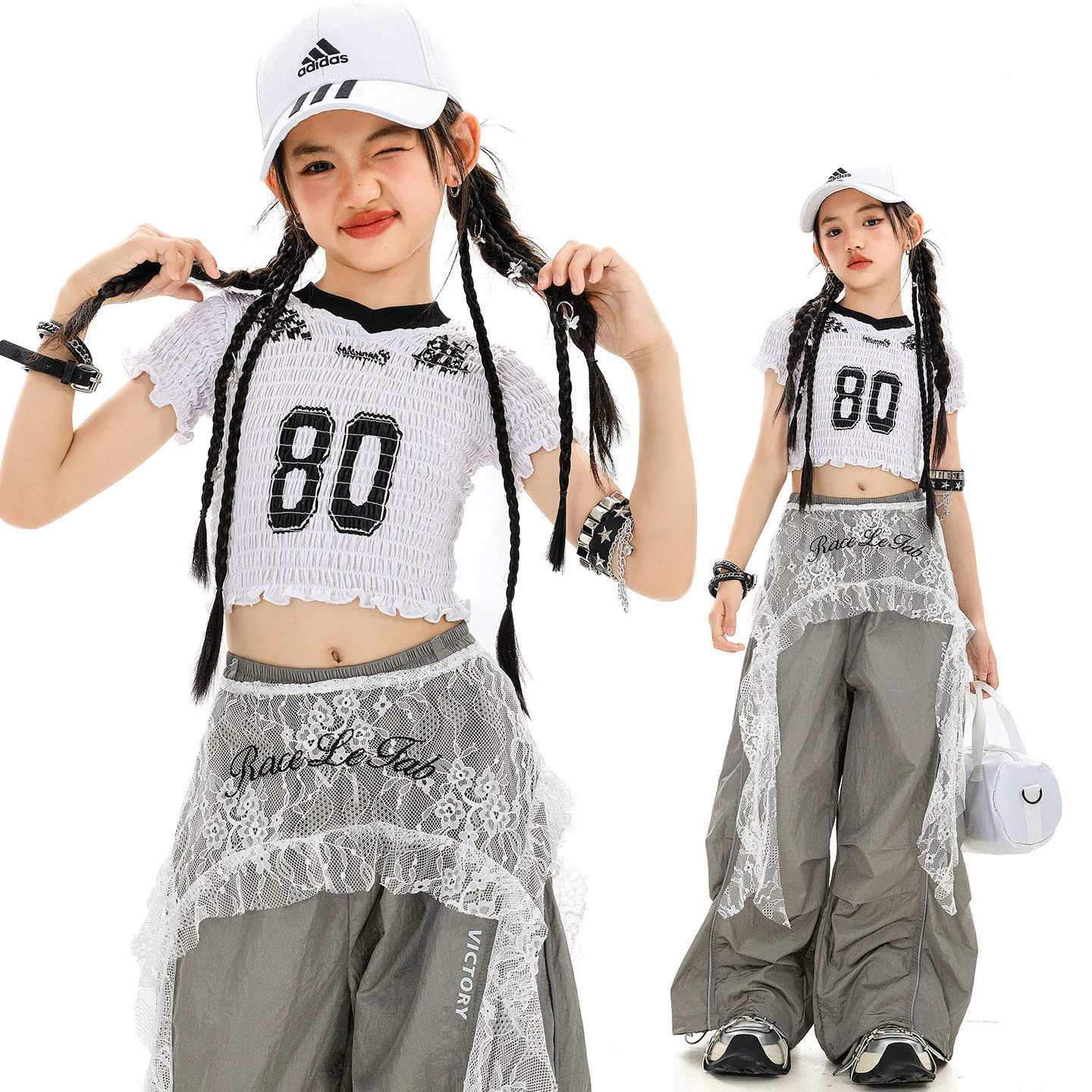 

Kid Kpop Hip Hop Clothing White V Neck Ruched Crop T Shirt Gray Casual Wide Leg Seam Pants for Girl Jazz Dance Costumes Clothes