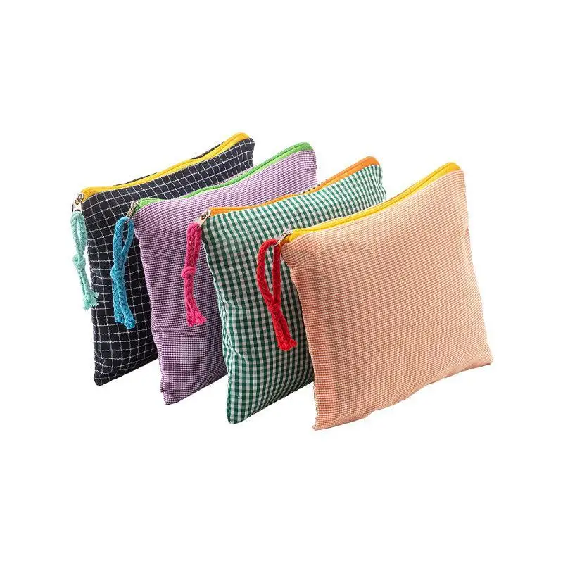 Koreanische karierte Make-up-Tasche aus Baumwolle mit großem Fassungsvermögen, Reißverschluss, Kosmetik-Aufbewahrungstasche, tragbare Reisewaschtasche für Mädchen, Geschenk – Detail 5