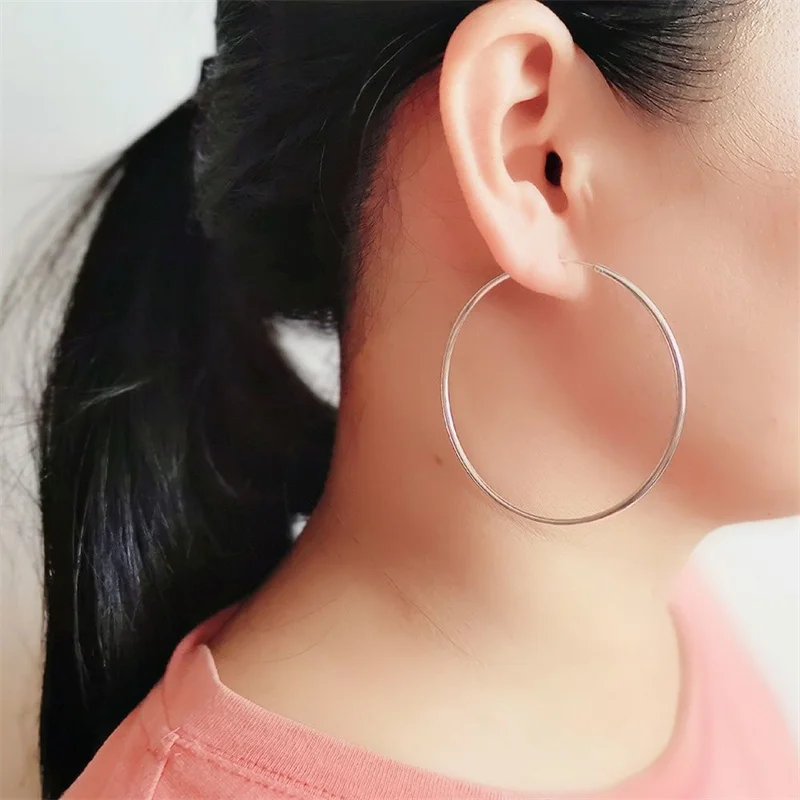316L Edelstahl 3-7cm Minimalistische Große Kreis-Ohrringe für Damen Trendige Silberfarbene Metall-Glatte Runde Ohrringe Schmuck – Detail 9