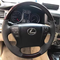 Hand-stitched Non-slip Black Genuine Leather peach wood grain Car Steering Wheel Cover For lexus LX570 LX470 2009-2013 Interior