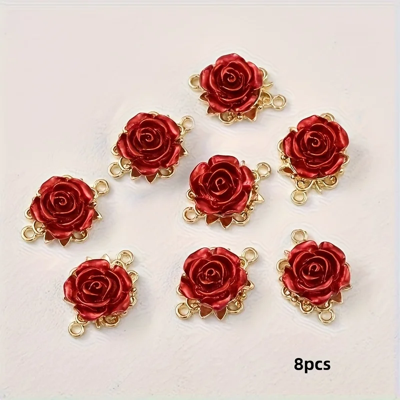 8 pieces of red and gold resin rose ornaments, used for jewelry making DIY necklaces, earrings, keychain accessories