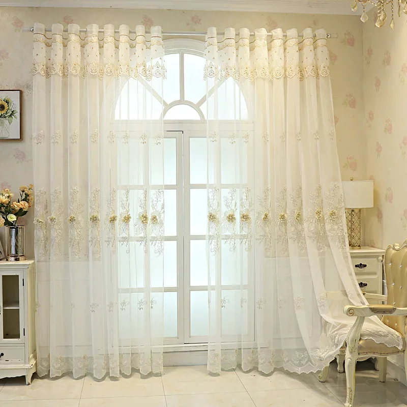 Nordic embroidered white gauze translucent balcony living room bedroom bay window partition finished partition window screen