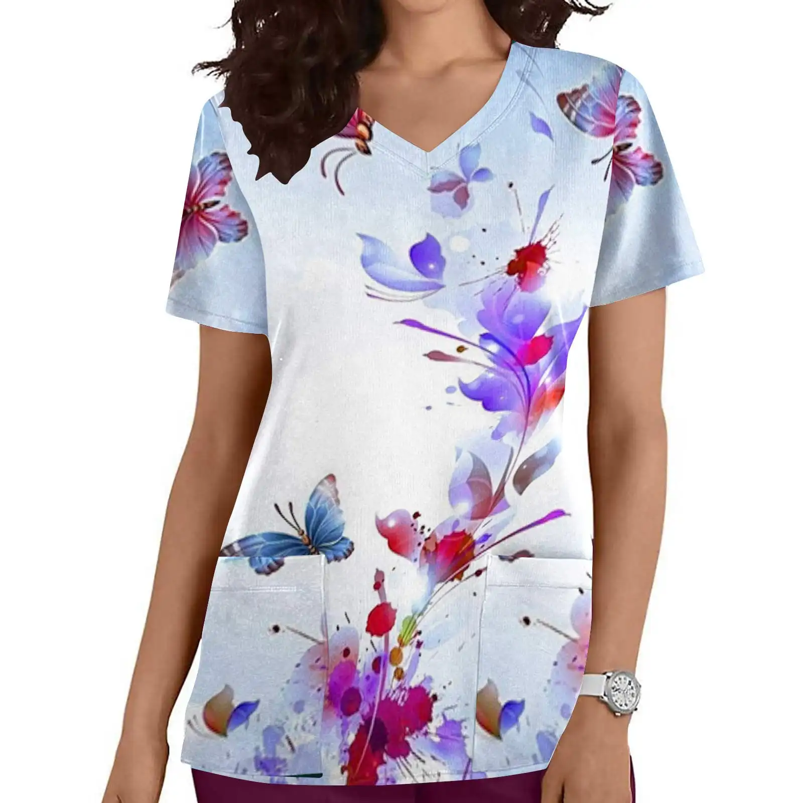 

Women's Medical Uniforms Elegant Butterfly Print Dental Surgical Uniforms Double Pocket Short Sleeve Top Nursing Medical Uniform