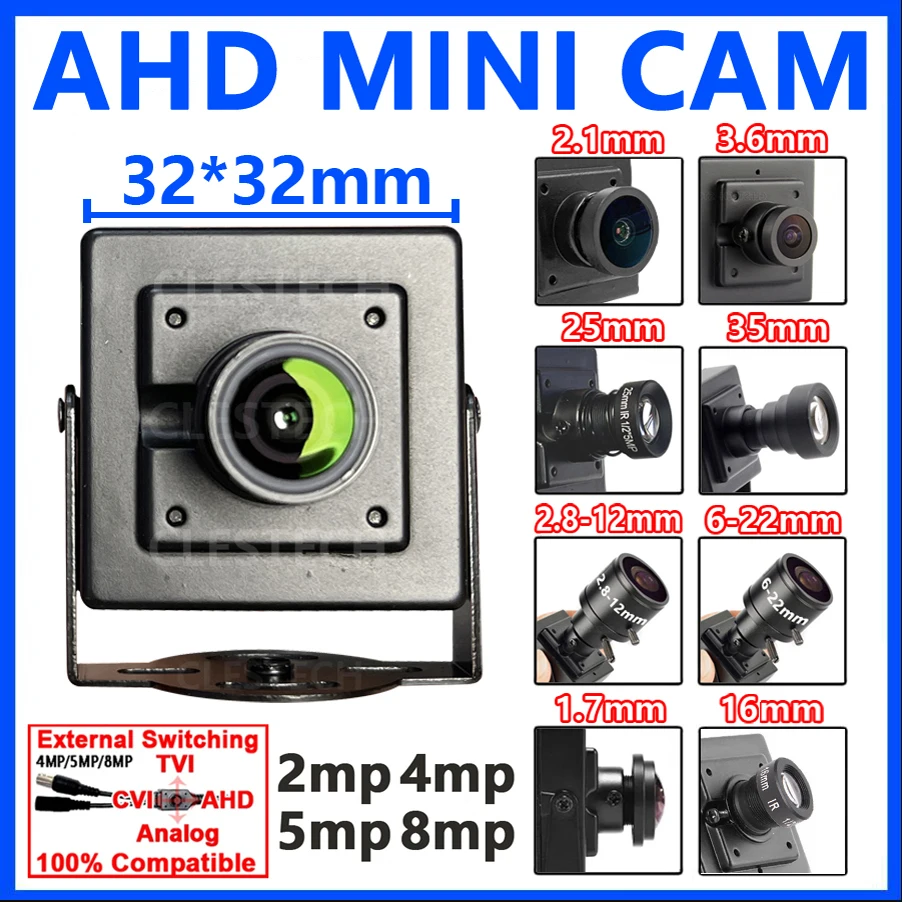 

Optional Lens 2.1mm 1.7mm 3.6mm 25mm 35mm Focus 2.8mm-12mm Zoom 6-22mm Metal CCTV AHD Mini Camera 4in1 OSD Cable 32*32mm Size HD