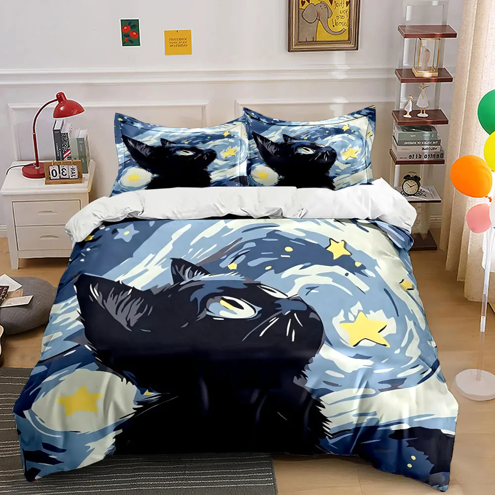 Black cat gazing at starry night Print Bedding Set 1 Duvet Cover 2 Pillowcases for Adult and Children Luxury Gift Full Size